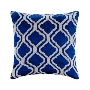 May include: A square throw pillow featuring a vibrant royal blue fabric base. The front surface is decorated with an intricate, repeating lattice pattern created from small, white seed beads that form interconnected quatrefoil shapes.