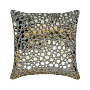 Decorative Throw Pillow Cover 16x16 Inch Grey Silver Silk Pillow Cover, Handmade Mirror Embroidery Modern Designer Bedroom Decor-Darpan Grey