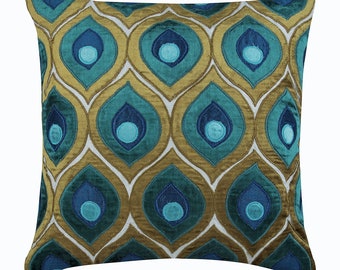 Decorative Green Throw Pillow Cover 16"x16", Velvet Couch Pillow Cover Peacock, Art Deco Couch Pillow Birds Modern Style - Art Deco Peacock