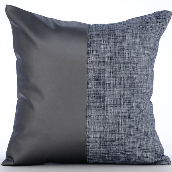 Gris Housses De Coussins, 40x40 cm Cuir, Carré Bloc De Couleur Club Et Lounge Theme Coussins Couverture - Charcoal Grey Leather N Jute