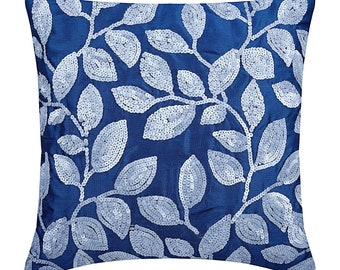 Decorative Royal Blue Euro Size Cushion Cover 24"x24"/26"x26", Art Silk Throw Pillow Cover Leaf Couch Pillow Nature Floral - Royal Song