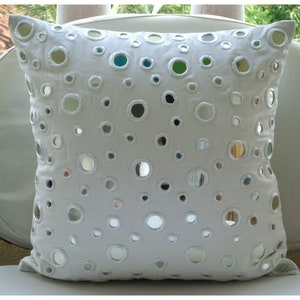 Designer White Cushion Pillow 16x16, Cotton Canvas Cushion Case Mirror Embroidery Pillow Case Cover Circles Dots White Mirrors image 4