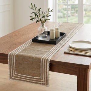 Beige Jute, Pearl & Jute Lace Bordered Pattern, Contemporary Table Runner - Jute Table Charm