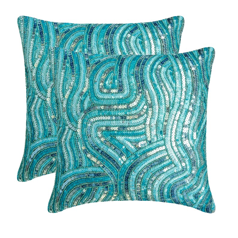 16x16 Luxury Aqua Blue Throw Pillow Cover, Art Silk Couch Pillow Cover Sea Waves Couch Pillow Sea Creatures Beach Aqua Infinity image 3