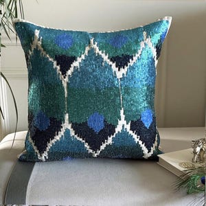 Peacock Blue Art Silk Ombre Sequin Embroidered Peacock Pattern Modern Throw Pillow Cover - Mora