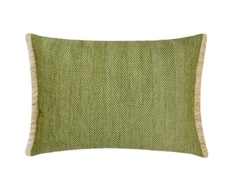 Decorative Oblong / Lumbar Throw Pillow Cover in Green Chevron Jute Fabric with Jute Lace Contemporary Bedroom Decor - Lush Green Jute