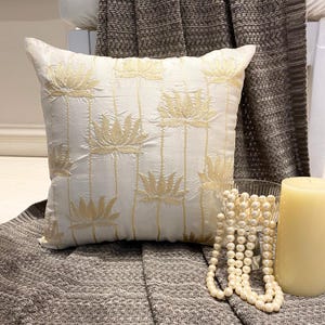 Art Silk Ivory Lotus Flower Embroidered Decorative Throw Pillow Cover, 16&quot;x16&quot; Contemporary Couch/Sofa Designer Cushion Cover - Lotus Serene