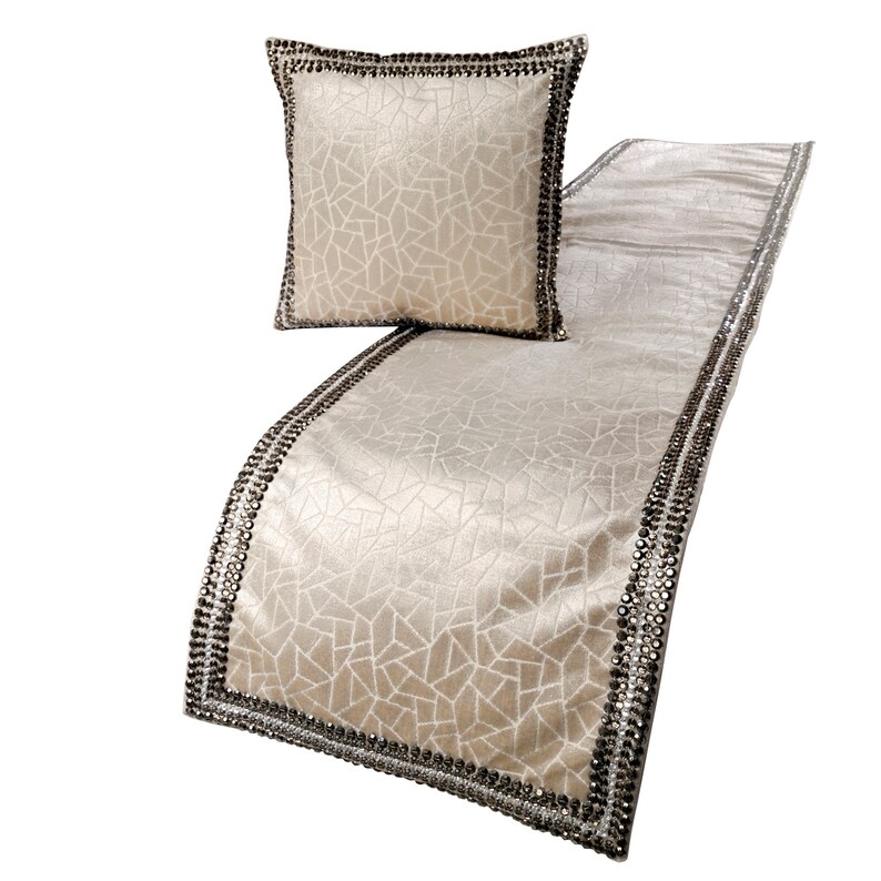 Mosaic Glory Bed Runner with Decorative Throw Pillow Cover 53 x 18 Inch Ivory Designer King Size Bed Scarf in Foil Velvet /& Bead Border