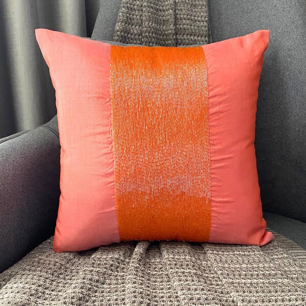 Orange Art Silk Beaded Striped Decorative Pillow Sham Cover, 24x24/26x26 Designer Modern Style Toss Sofa/Couch Euro Sham - Peachy Orange