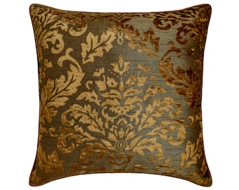 Damask Throw Pillow Cover 16"x16", Velvet Burnout Olive Damask Sofa Pillow Cover Victorian Home Decor Bedroom, Couch Pillow - Folding Flames