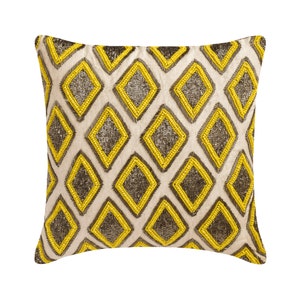 Decorative Linen Cushion 16&quot;x16&quot;, Yellow/Grey Throw Pillow Cover Beaded Embroidery Couch Sofa Pillow Modern Home Decor - Yellow Jubilee