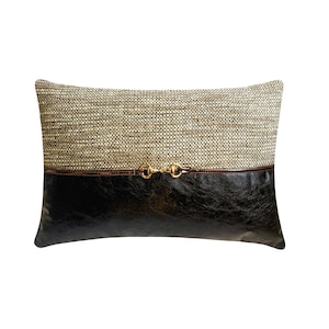 Decorative Oblong / Lumbar Throw Pillow Cover Beige Textured Fabric with Black Faux Leather & Metal Horse Shoe Cowboy Home Style - Triumph