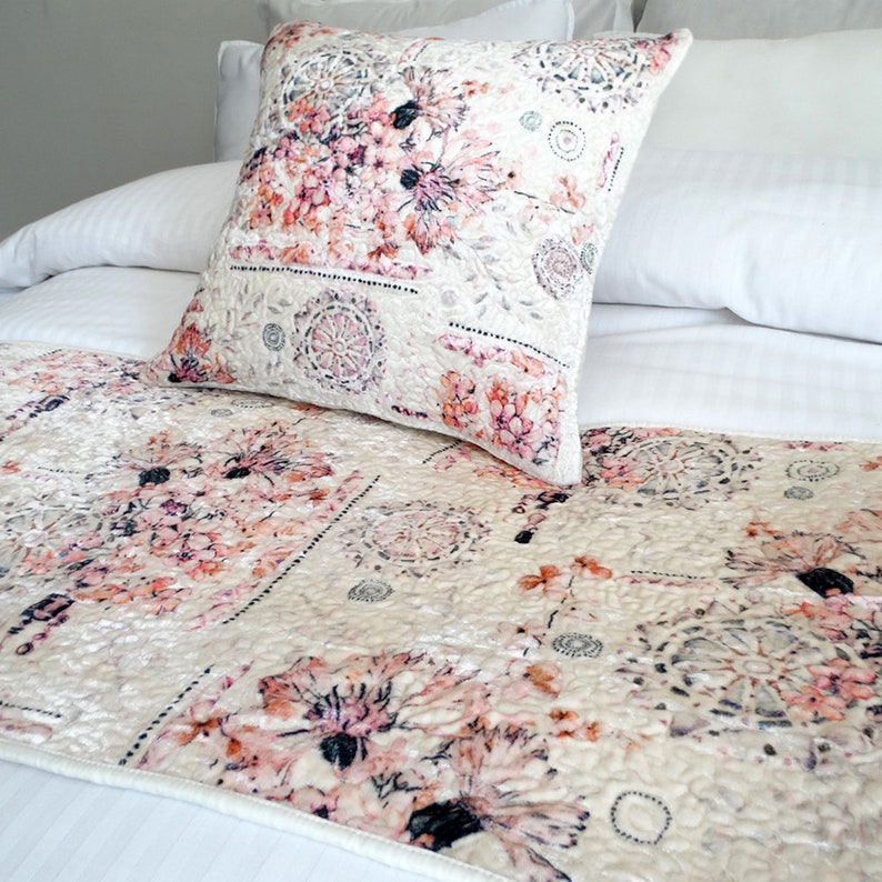 53 x 18 Inch King Size Bed Scarf in Printed Viscose Velvet and Quilting