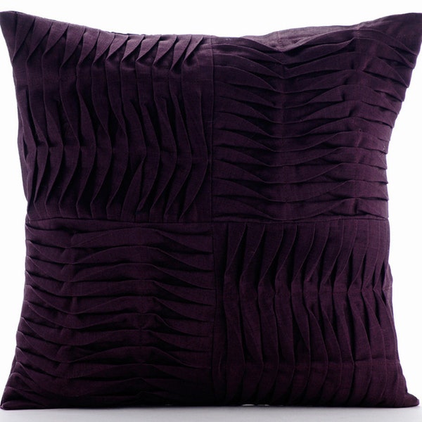 Cotton Linen Dark Plum Purple Throw Pillow Cover 16"x16", Decorative Couch Pillow Cover Pintucks, Textured, Striped, - Purple Pleats