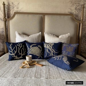 Decorative Throw Pillow Cover, Navy Blue Cotton Linen Pillow with Silver Bead Embroidery, Sea Creature Themed Pillow Collection Navy Cushion