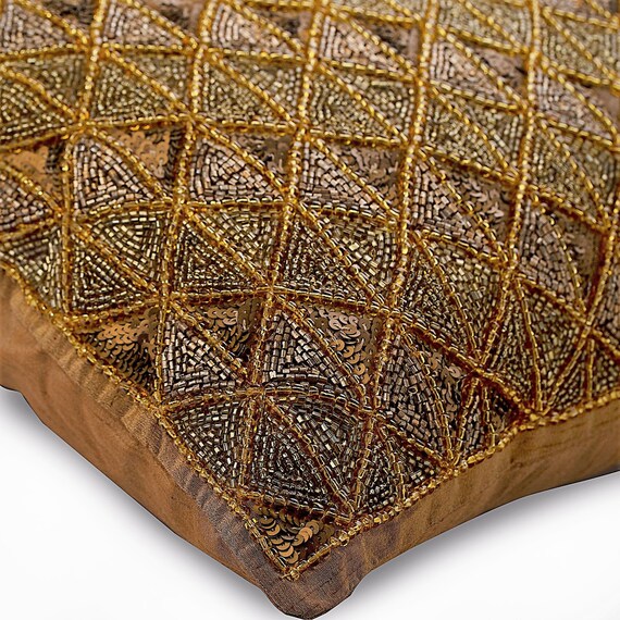 Handmade Gold Pillow 18x18 inch Silk Trellis Lattice Beaded Gold Shocker 