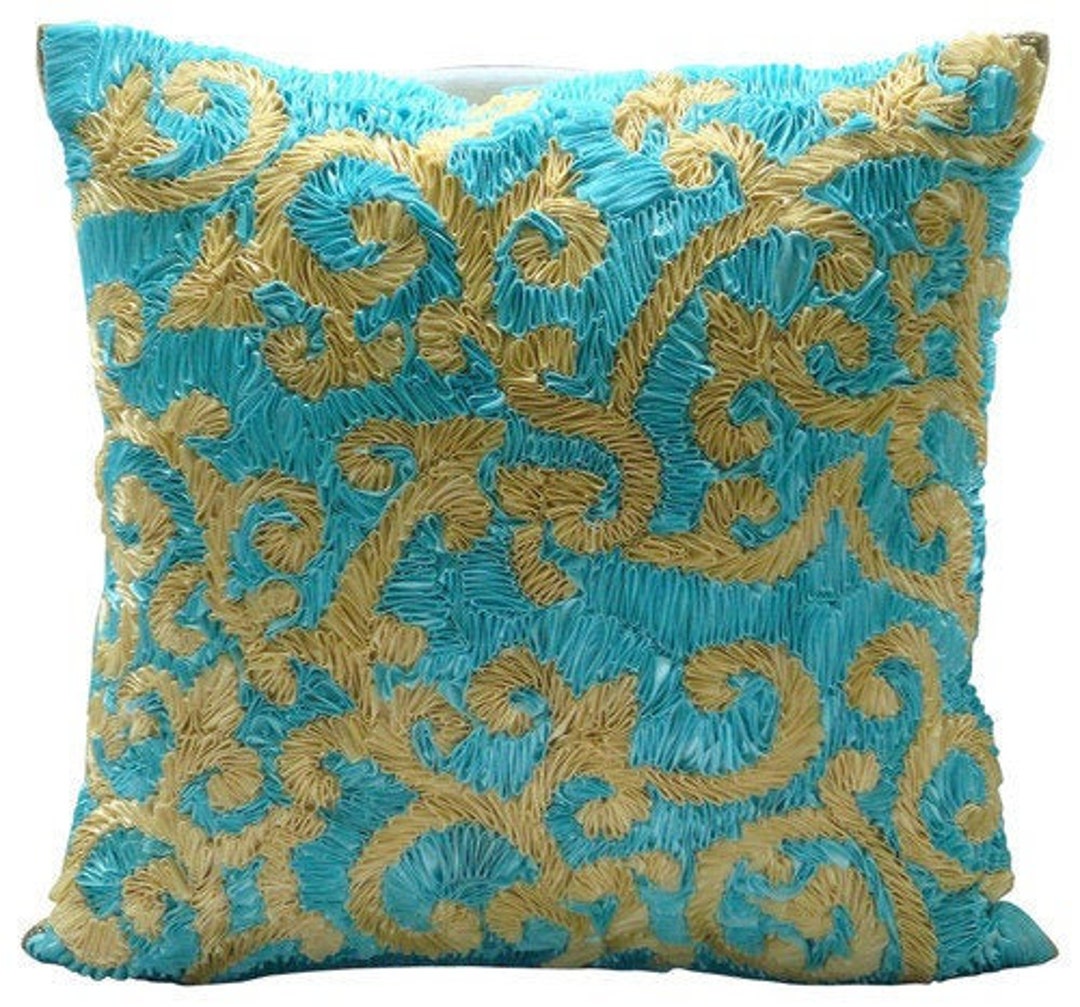 16x16 Decorative Blue Sofa Cushion Cover, Art Silk Throw Pillow Cover