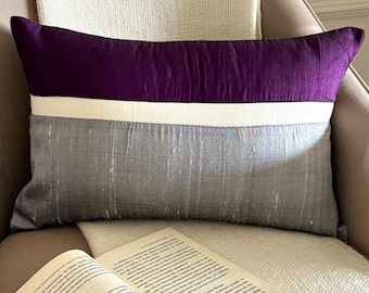 Pure Silk Decorative Lumbar Pillow Cover, Rich Purple/Grey Color Block Oblong Cushion Cover, Modern Style Silk Pillowcase -Plush Purple Silk