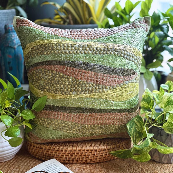 Green Art Silk Sequins Decorative Throw Pillow Cover, 16"x16" Abstract Pattern Pillowcase, Tropical Style Couch Cushion Cover - Eco Friendly