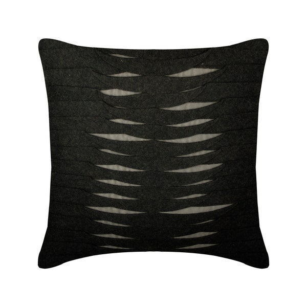 Designer Charcoal Gray Pillow Case 24"x24" / 26"x26", Felt Throw Pillow Cover Custom Abstract European Sham Cover Striped - Charcoal Waves