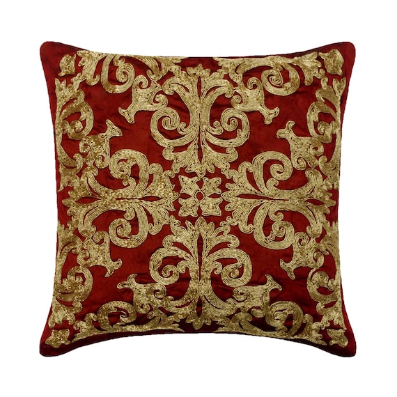 Dekoratives Seidenkissen 40 x 40 cm rote Seide mit Zardozi Bestickter Kissenbezug Klassisches Wohndekor - Bewundernswert