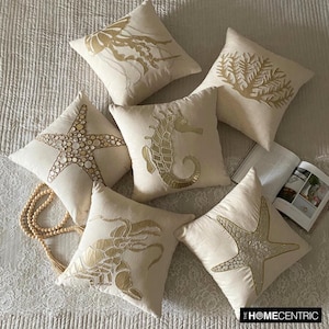 Decorative Throw Pillow Cover, Natural Beige Cotton Linen Pillow with Faux Gold Leather Applique & Embroidery, Sea Themed Cushion Cover