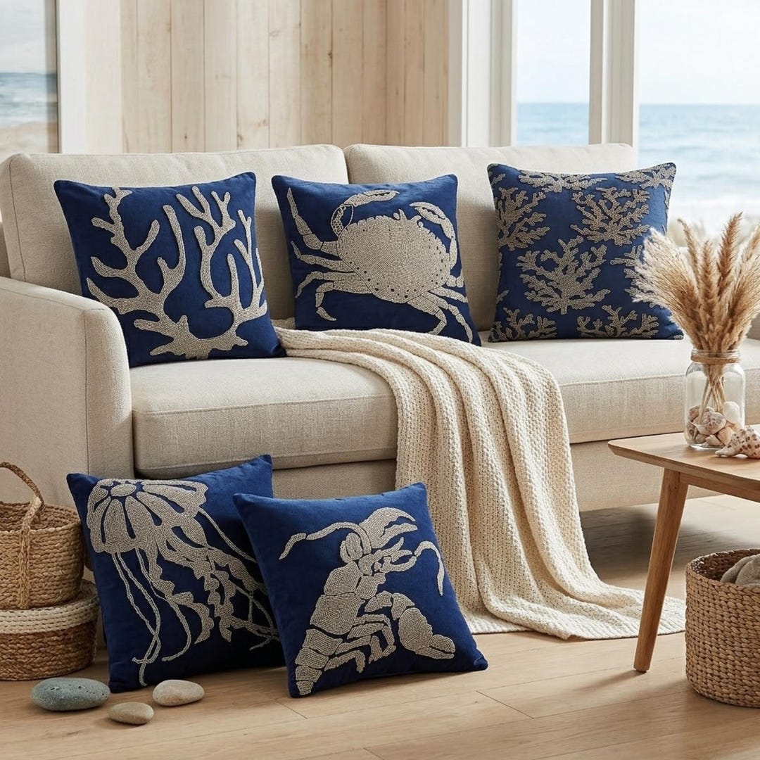 Midnight Tides Collection Navy Linen Coastal Pillows Handmade Bead