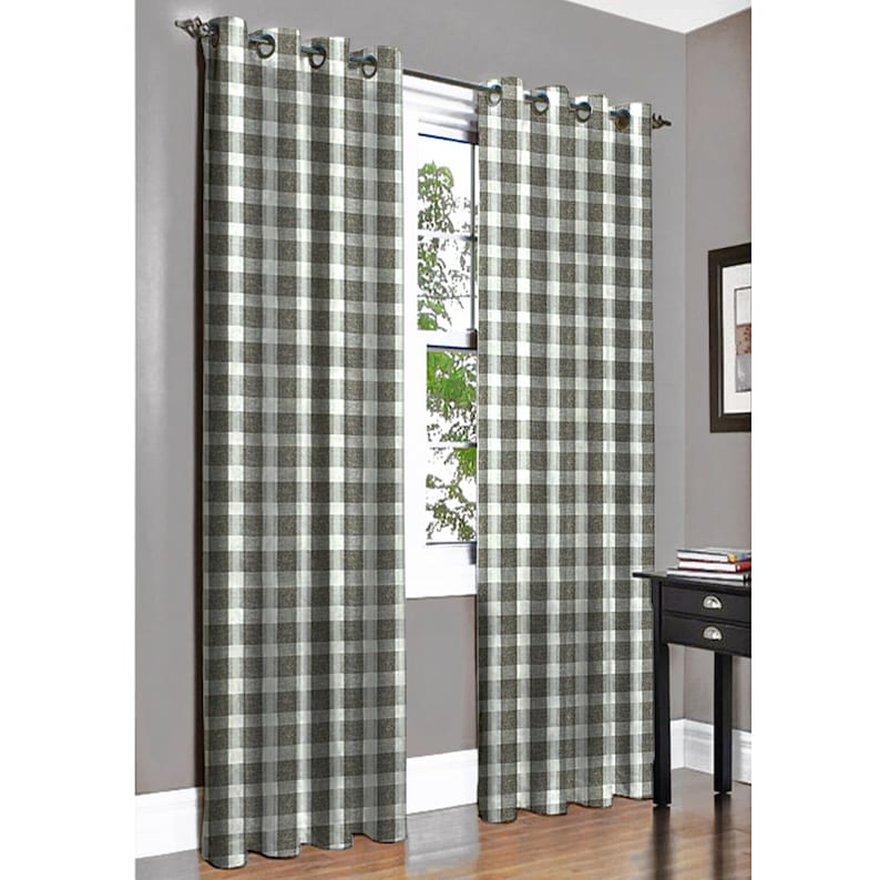Vintage Linen Brown Plaid Grommet Blackout Lined Curtain Textured Jacquard Weave Fabric Housewares Window Treatment Drapes Curtain Panels
