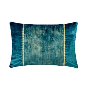 Decorative Oblong / Lumbar Throw Pillow Cover Teal Blue & Gold Foil Textured Fabric with Leather Braided Cord Sofa Pillow - Resplendent Teal