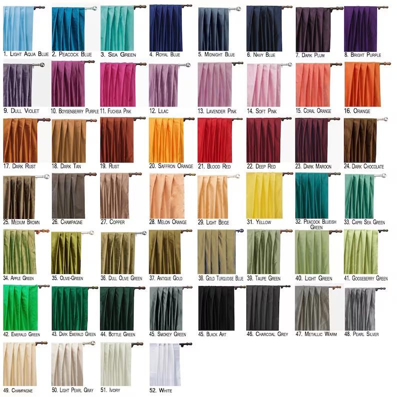 May include: A chart of 52 different colors of fabric swatches. Each swatch is a different shade of color, from light aqua blue to white. The swatches are arranged in rows and columns, and each swatch is labeled with a number and a color name.