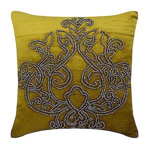 Velvet Chartreuse Green Sofa Cushion 16&quot;x16&quot;, Luxury Throw Pillow Custom Throw Cushion Cover Damask Pattern Modern Style - Lord Medusa