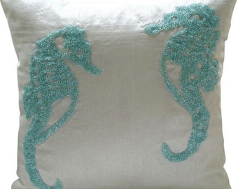 Art Silk White Pillow Cover Cushion 16&quot;x16&quot; , Handmade Pillow Case Cover Sea Horse Couch Throw Sea Creatures Beach Style - Sea Horse Aqua