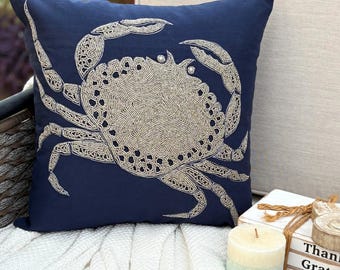 Navy Blue Cotton & Linen Beaded Sea Creature Pattern, Beach Style Throw Pillow Cover / Euro Sham - Crab At The Shore