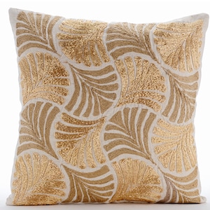 Decorative Gold Sofa Cushion 16"x16", Cotton Linen Throw Pillow Ginkgo, Zardozi, Jute Throw Cushion Cover Floral - Gold Ginko Leaves