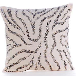 Handmade White Ivory European Sham Cover 24&quot;x24&quot; / 26&quot;x26&quot;, Art Silk Euro Pillow Cover Pillow Case Abstract Pattern - Sequin Whirlpool