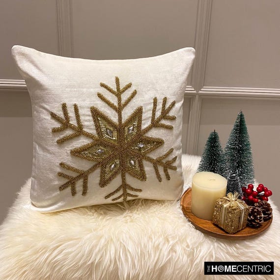 Holiday Throw Pillow Cover 16x16 Inch Velvet With Gold Beaded Handmade Snowflake Pillow Modern Christmas Home Decor Holiday Gifts gold Flake Etsy Canada