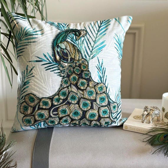 Grün, Weiß, Blauer Baumwollkristall & Perlen bestickter Natur-Blumen- Kissenbezug, Jugendstil-Kissenbezug-Jugendstil-Pfau
