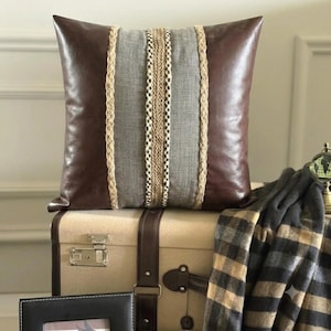 Brunt/Grått Konstläder, Juteband Patchwork Mönster, Modernt Örngott / Euro Sham - Leatherpolis