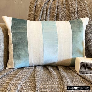 Decorative Oblong / Lumbar Throw Pillow Cover Light Blue Velvet / Linen Broad Stripe Patchwork Pillow Modern Home Decor - Swathe Ice