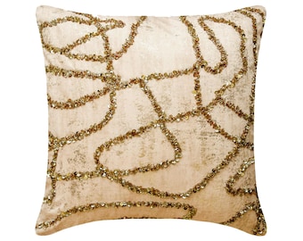 Dekorativer Dekokissen-Bezug 40,6x40,5 cm Elfenbein & Goldfolie Kissen mit Perlen-Handstickerei Modernes Wohndekor-Stil - flüssiges Gold