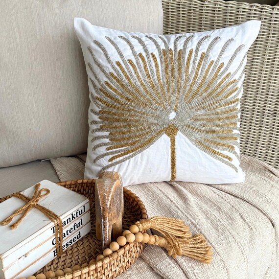 Nature & Floral Pattern Beaded Ivory Art Silk Pillow Sham, 24x24