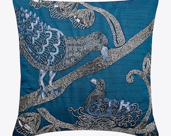 16"x16" Designer Teal Blue Cushion Case, Art Silk Pillow Cushion Throw Pillow Cover Birds Contemporary Home Decor Pillow - Birdy Love
