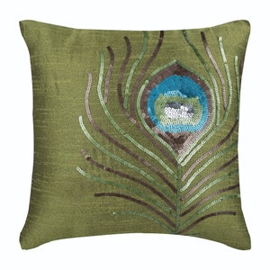 Designer Green Throw Pillow Bed 24&quot;x24&quot;/26&quot;x26&quot;, Art Silk Sofa Euro Sham Peacock Feather Bed Pillow Birds Art - Green Peacock Feather