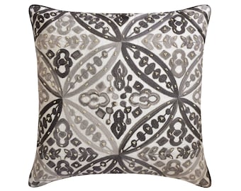 Decorative Pillow Cover 16"x16" White Cotton Fabric with Grey Shaded Embroidery / Pearls Throw Pillow Cover Moroccan Pattern Cushion-Adilah