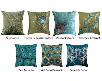 Peacock Collection Pillow Covers, Beaded, Applique, Crystal Embroidery Decorative Throw Pillow Cover, Peacock Feather Couch Cushion Cover