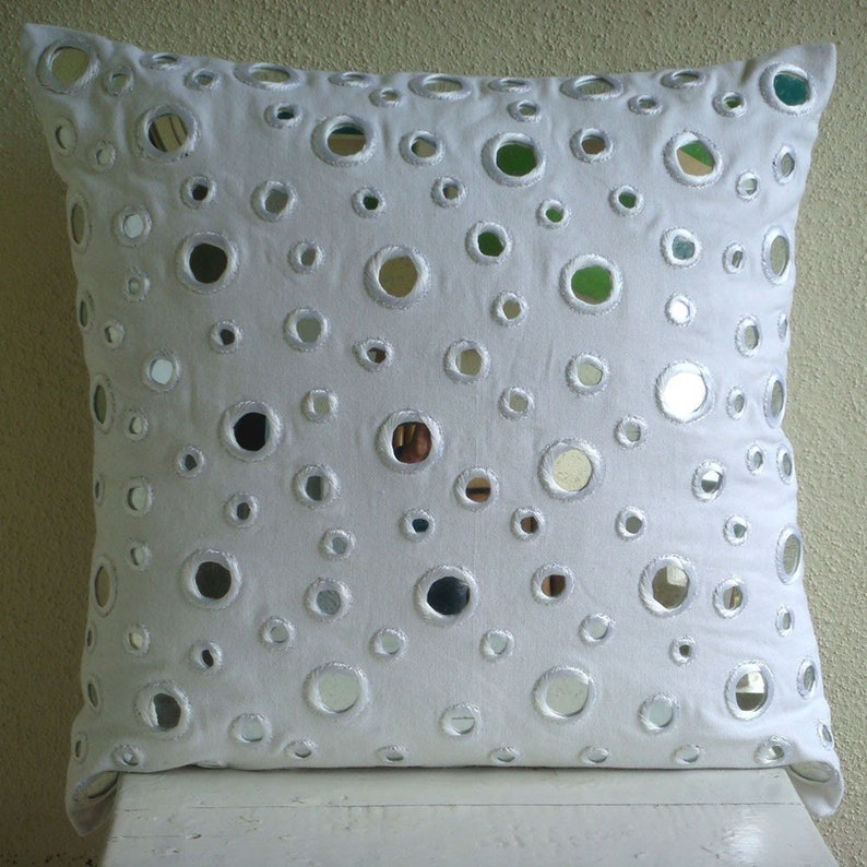 Designer White Cushion Pillow 16x16, Cotton Canvas Cushion Case Mirror Embroidery Pillow Case Cover Circles Dots White Mirrors image 5