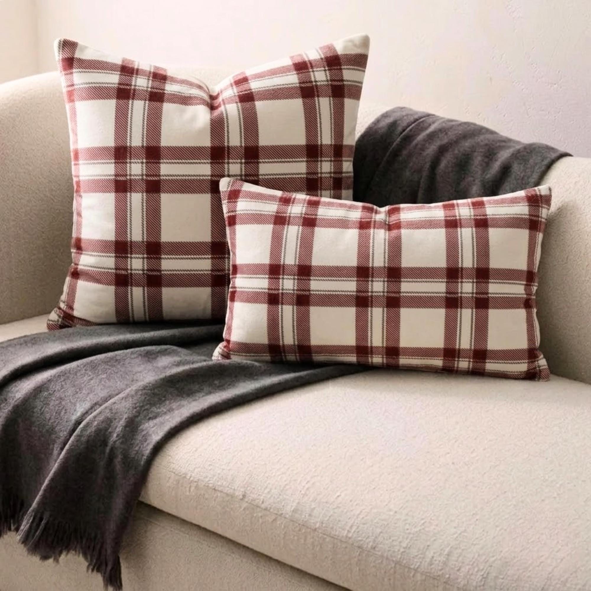 Vintage Red Plaid Velvet Pillow Cover, Checkered Pattern Cushion