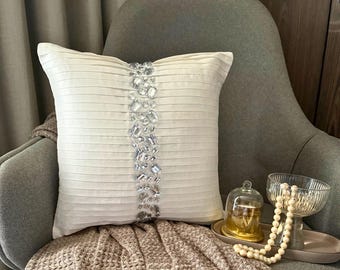 Art Silk White Throw Pillow Cover 16&quot;x16&quot;, Designer Pillow Custom Pintucks, Textured Cushion Case Striped Modern Style - Precious Crystals
