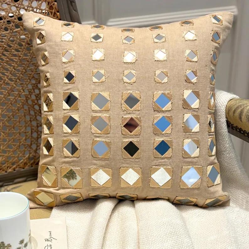 2 Federe Cuscino 60x60 Cm Indiane Ricamate A Mano Con Specchi - Rosso, Cotone, Stile Bohémien, Solo Federe - 3