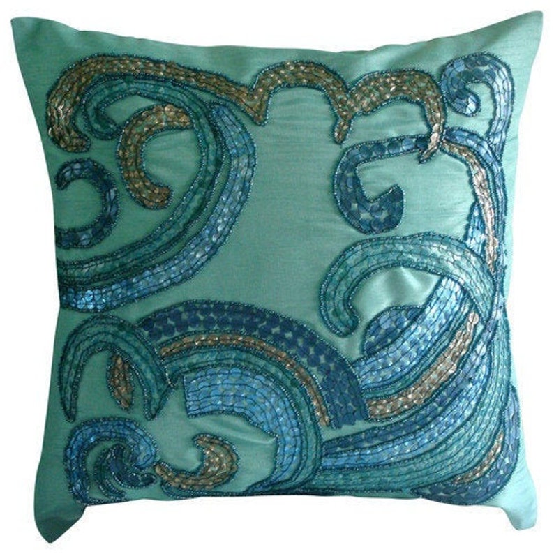 Art Silk Aqua Blue Sofa Cushion Cover 16x16 Etsy